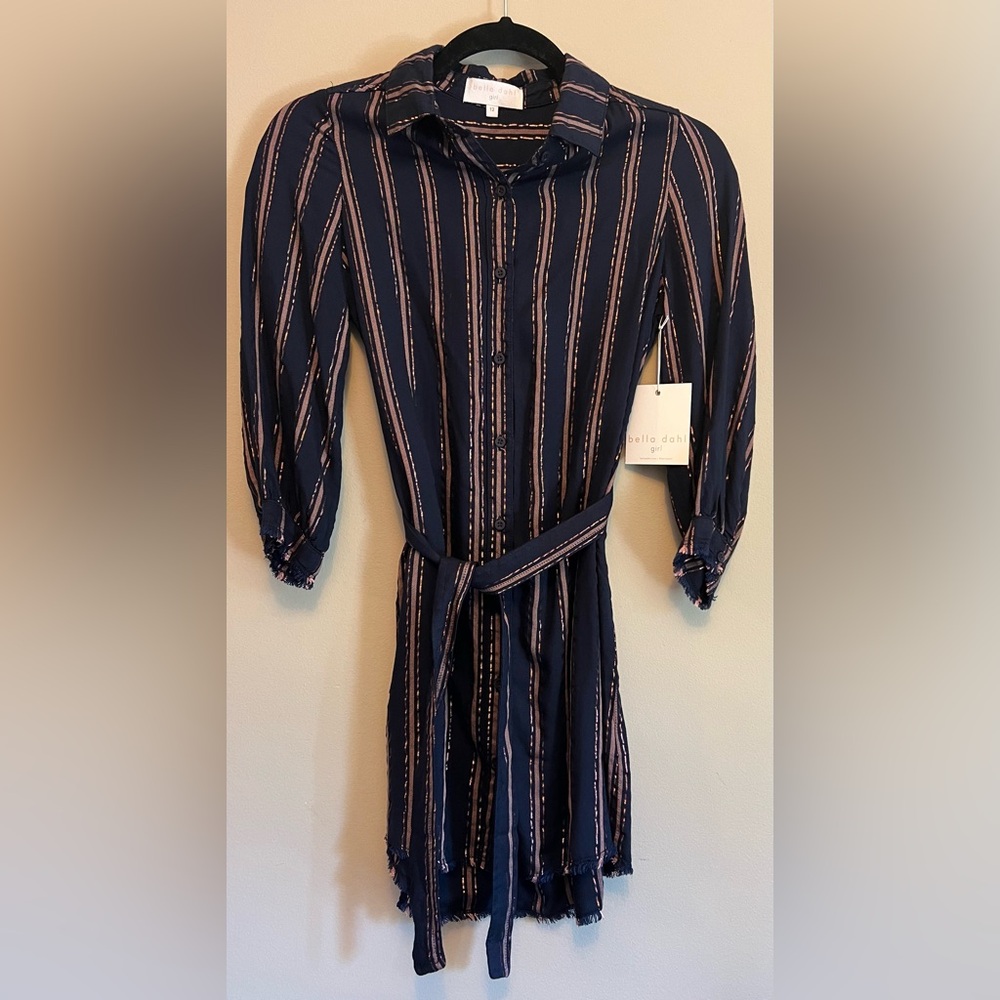 NWT Bella Dahl Girls Navy & Rose Gold Gathered Shirtdress Size 12